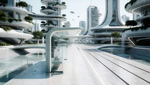 Aukio-paikka: valkoinen futuristinen aukio raitiovaunukiskoineen ja suihkulähteineen