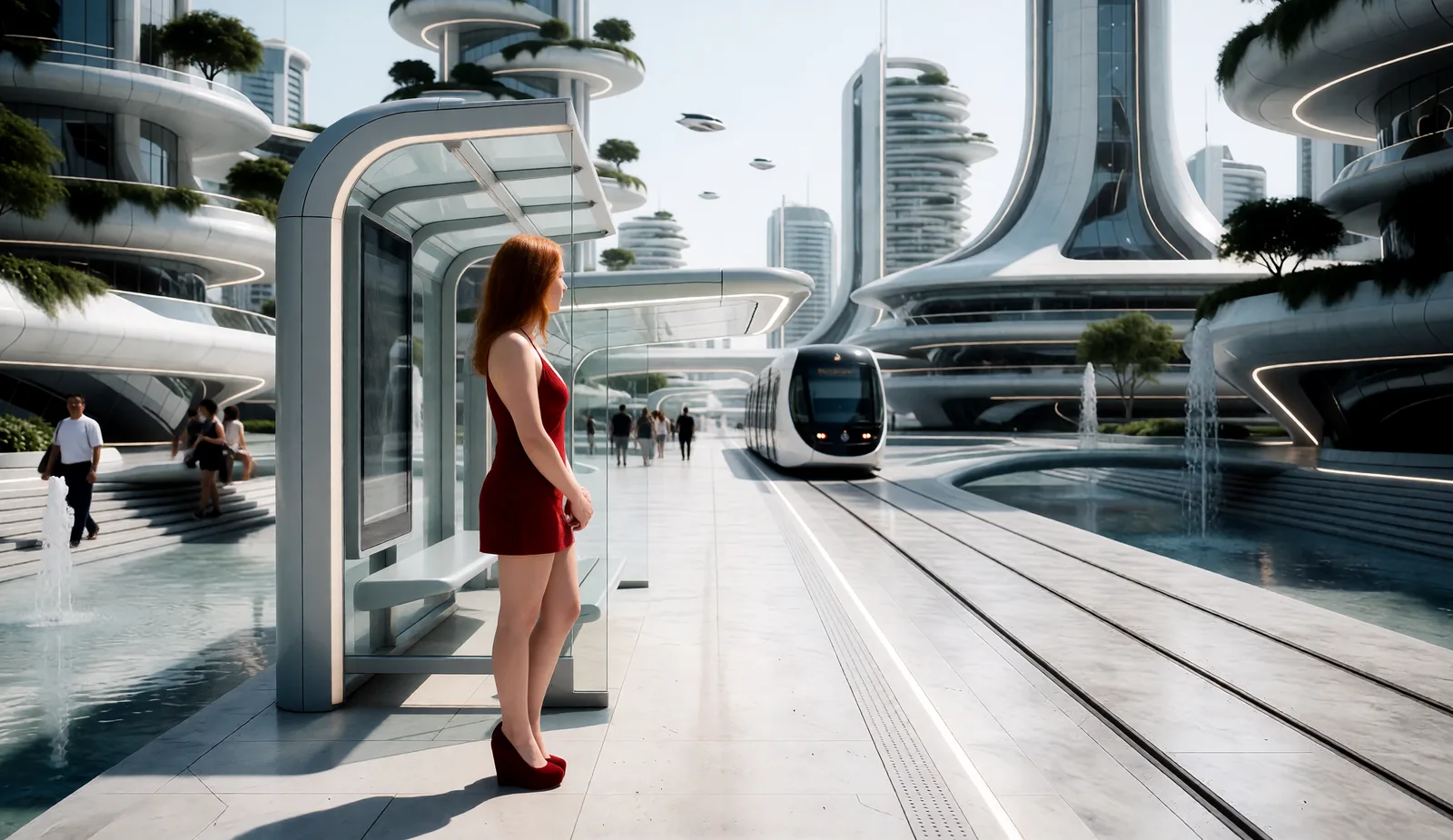 Camille i en rød kjole venter på en trikkeholdeplass på en hvit futuristisk plass, rendret med Multi-Ref Image