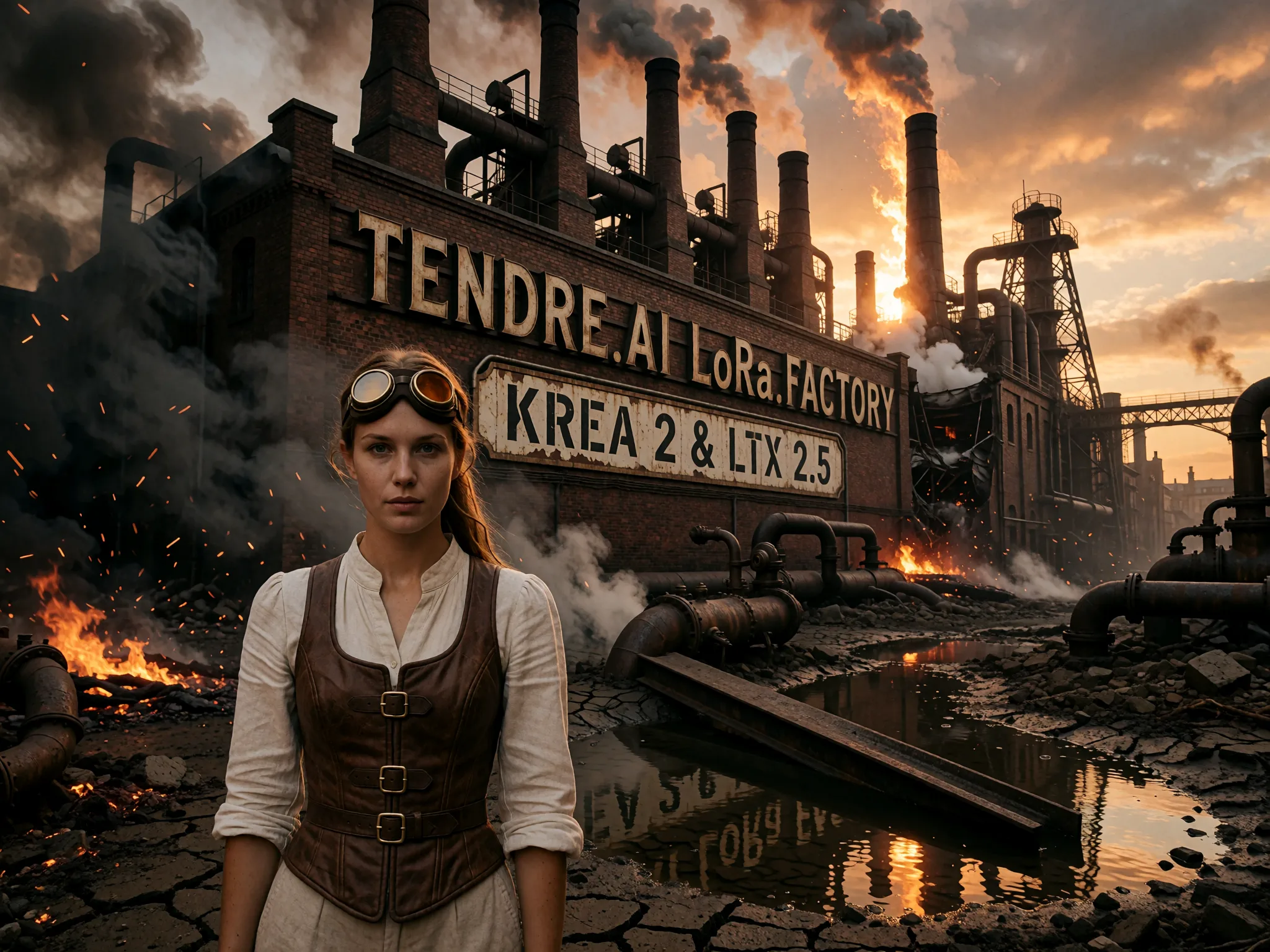 32 year old woman, Ultra-wide cinematic photograph, a colossal steampunk factory silhouetted against a burning sky, Across the brick facade, huge weathered metal letters bolted to the wall read "TENDRE.AI LoRa FACTORY". Below them, a long chipped enamel plate reads "KREA 2 & LTX 2.5" in
stencilled capitals. its brick chimneys and riveted iron gantries wreathed in black smoke. A rupture has torn open one flank of the structure, venting a column of white steam hundreds of metres into the air, backlit into a glowing pillar. Embers and ash drift across the frame. In the foreground, a wasteland of cracked mud and twisted pipework, standing water reflecting the fire above, a fallen iron beam half-submerged. Left third: smoke, ash and darkness, nothing of interest, medium shot of megan_krea2 standing straight and looks at the camera lens with a large and confident smile, she wears a fitted brown leather corset-waistcoat over a high-necked cream linen blouse with puffed sleeves rolled to the elbow, brass buckles down the front. Brass goggles with amber lenses pushed up onto her forehead, the strap tangled in her hair. Everything is scuffed, oil-stained and clearly used. dystopic ambient